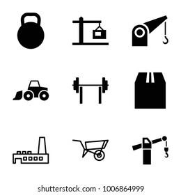 Heavy icons. set of 9 editable filled and outline heavy icons such as barbell, cargo container, construction  crane, kettle, wheel barrow, factory, construction crane