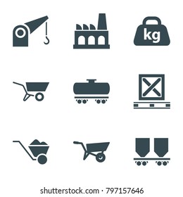 Heavy icons. set of 9 editable filled heavy icons such as wheel barrow, weight, factory, wheelbarrow, cargo on palette, cargo wagon