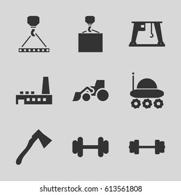 Heavy icons set. set of 9 heavy filled icons such as excavator, hook with cargo, axe, barbell, cargo crane, factory