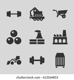 Heavy icons set. set of 9 heavy filled icons such as wheel barrow, factory, excavator, barbell, cargo container, cargo crane