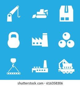 Heavy icons set. set of 9 heavy filled icons such as factory, excavator, hook with cargo, barbell, cargo container, cargo crane