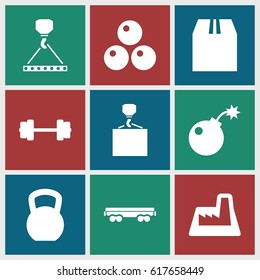 Heavy icons set. set of 9 heavy filled icons such as hook with cargo, cargo container, cargo wagon, factory, bomb, canon ball, barbell