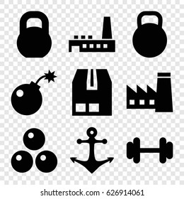 Heavy icons set. set of 9 heavy filled icons such as factory, barbell, cargo container, kettle, anchor, bomb
