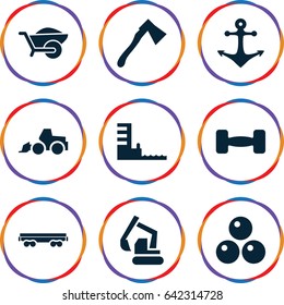 Heavy icons set. set of 9 heavy filled icons such as excavator, axe, wheelbarrow, cargo wagon, harbor, barbell, anchor