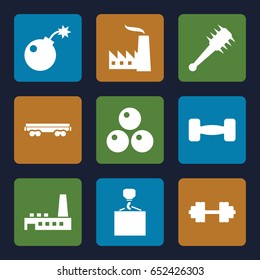 Heavy icons set. set of 9 heavy filled icons such as hook with cargo, cargo wagon, factory, barbell, barbell   isolated, bomb, mace