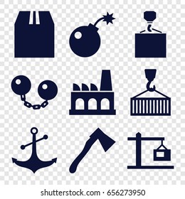 Heavy icons set. set of 9 heavy filled icons such as hook with cargo, axe, cargo container, anchor, cargo on hook, factory, construction  crane, bomb