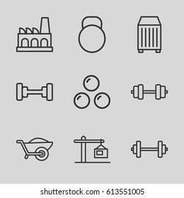 Heavy icons set. set of 9 heavy outline icons such as barbell, wheelbarrow, cargo container, factory, construction  crane, canon ball