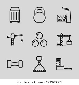 Heavy icons set. set of 9 heavy outline icons such as construction crane, hook with cargo, barbell, cargo container, harbor, factory
