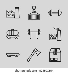 Heavy icons set. set of 9 heavy outline icons such as factory, axe, cargo container, cargo wagon, cargo on hook