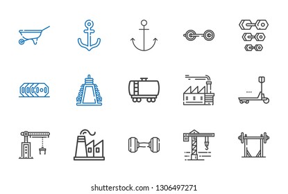 heavy icons set. Collection of heavy with barbell, crane, dumbbell, factory, duty, fuel truck, weight, anchor, wheelbarrow. Editable and scalable heavy icons.