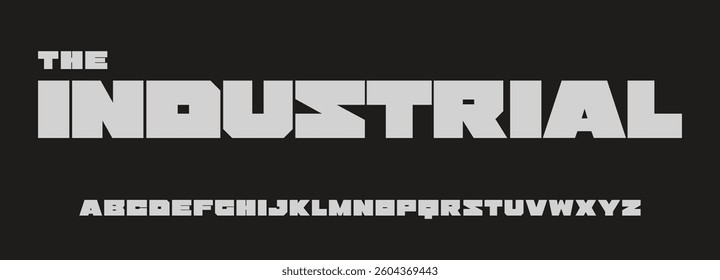 Heavy industrial font, brutal geometric letters, modernist geometrical alphabet for power bold headlines, massive lettering, military branding, urban tech logo. Vector typeset
