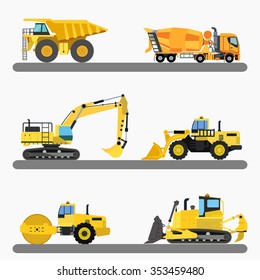 Heavy industrial machinery vector set, construction vehicles