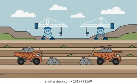 Heavy industrial opencast mining quarry layout featuring two massive dump trucks and harbor cranes on background.