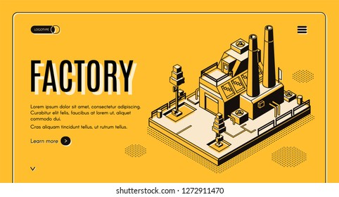 Heavy industry company isometric vector web banner with industrial production factory or energy generation plant building with chimneys line art illustration. Manufacturing enterprise landing page