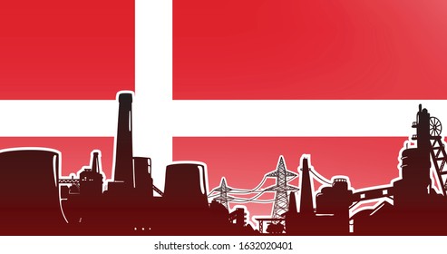 Heavy industry of Denmark - vector illustration colored red with electric power plant, factory and mining facility on the flag background with colors red, white