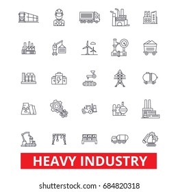 Heavy industry, factory, plant, mining, production, manufacturing, construction line icons.  Energy plant production outline signs set.  Heavy industry icons with editable strokes.