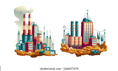 Heavy industry factory, working thermal power plant or station with electricity lines, waste pipes underground and smoke going from chimneys cartoon vector illustrations isolated on white background