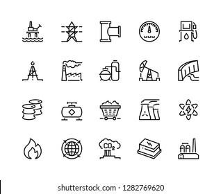 Heavy Industry Line Icons. Oil Gas Production Nuclear Electric Station Fuel Refinery Barrel. Power Storage Industrial Vector Icons