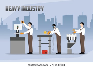 Heavy Industry Manufacturing Workers Operating Machinery and Welding in Factory 2d flat vector illustration