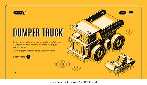 Heavy industry and mining company transport and machinery isometric vector web banner with haul dumper truck and bulldozer line art illustration. Career earthworks equipment landing page template