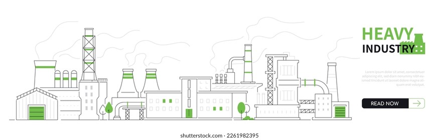 Heavy industry - modern thin line design style vector banner on white urban background. Composition with smoky factories and plants. Pipes, buildings and power generation. Industrial zone idea