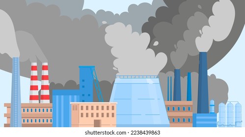 Heavy industry nature pollution plant or factory pipes flat vector illustration of ecology and nature polluted concept.