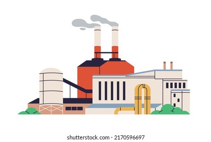 Heavy industry plant building. Energy production structure with tanks, pipes, smoke from towers. Abstract industrial factory. Chemical station. Flat vector illustration isolated on white background