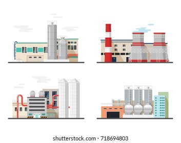 Heavy industry power and chemical plants. Power stations of factory for producing electricity. Buildings or constructions with pipes and chimney. Production spoiling environment. Architecture theme