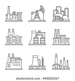 Heavy industry power plant and factory thin line vector icons. 