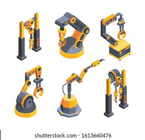 Heavy industry robots colorful isometric vector illustrations set