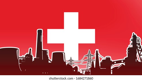 Heavy industry of Switzerland vector illustration colored red with electric power plant, factory and mining facility on the flag background with colors red, white