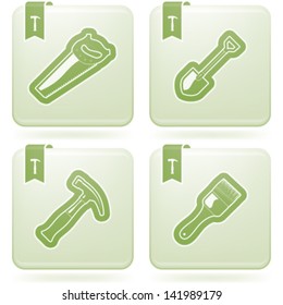 Heavy industry theme: Construction site tools, pictured here from left to right, top to bottom: Hand saw, Shovel (Spade), Hammer, Paintbrush.
