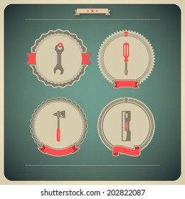 Heavy industry theme - construction site tools -   Fork-wrench, Screwdriver, Axe, Spirit level with Measurement. 