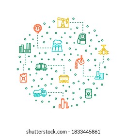 Heavy Industry Thin Line Concept Round Design Banner Include of Factory, Truck, Excavator and Pipe. Vector illustration of Icons