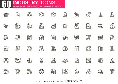 Heavy Industry Thin Line Icon Set. Industrial Manufacturing Outline Pictograms For Website And Mobile App GUI. Oil Industry Simple UI, UX Vector Icons. 48x48 Pixel Perfect Linear Pictogram Pack.