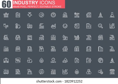 Heavy Industry Thin Line Icon Set. Industrial Manufacturing Outline Pictograms For Website And Mobile App GUI. Oil Industry Simple UI, UX. Grid 48x48 Pixel Perfect Linear Vector Icons Pack.