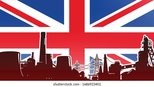 Heavy industry of United Kingdom (UK) vector illustration colored red with electric power plant, factory and mining facility on the flag background with colors blue, red, white