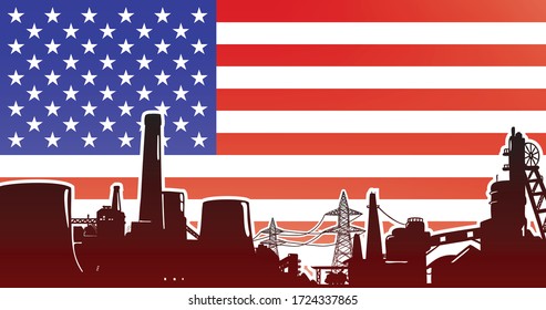 Heavy industry of USA vector illustration colored red with electric power plant, factory and mining facility on the flag background with colors blue, red, white