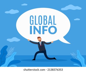 Heavy information. Burden of secret, man hold speech bubble with text global info, pressure on people, news and social media messages, confidential conversation vector cartoon flat concept