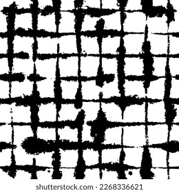 Heavy Inky Windowpane Pattern on Blotting Paper. Vector seamless ornament with black freehand drawn elements. Isolated on white background. There is an editable texture on Swatches Panel.