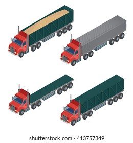 Heavy Isometric Transportation. Set of Trucks. Export and Import. Delivery Cargo Service. Vector illustration