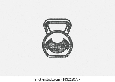 Heavy kettlebell silhouette as symbol of weightlifting workout hand drawn stamp vector illustration. Grunge texture on old paper for poster or label decoration