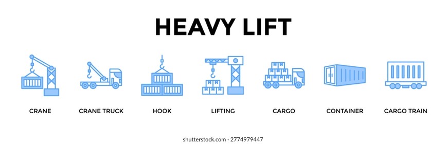 Heavy Lift Banner Web Icon Set Collection Pack Vector Illustration Concept For Handle Oversized Cargo Safely Across Terminals Cranes And Rail Transfer