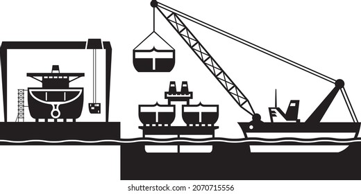 Heavy lift crane carry parts to shipyard – vector illustration