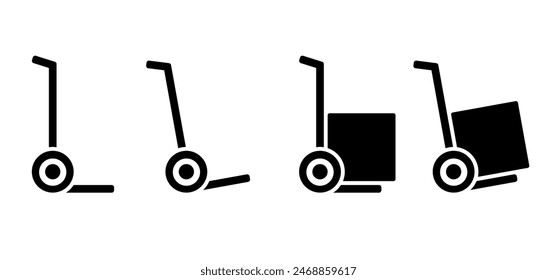 Heavy lifting, unloading cargo, easy transport service and storage. Hand trolley or hand truck. Cartoon industrial tool for manual moving boxes. Baggage transportation. magazine, platform trolley