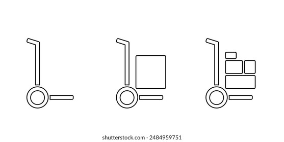 Heavy lifting, unloading cargo, easy transport service and storage. Hand trolley or hand truck. Cartoon industrial tool for manual moving boxes. Baggage transportation. magazine, platform trolley