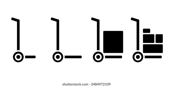 Heavy lifting, unloading cargo, easy transport service and storage. Hand trolley or hand truck. Cartoon industrial tool for manual moving boxes. Baggage transportation. magazine, platform trolley