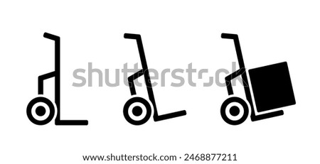 Heavy lifting, unloading cargo, easy transport service and storage. Hand trolley or hand truck. Cartoon industrial tool for manual moving boxes. Baggage transportation. magazine, platform trolley
