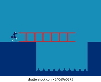 Heavy load. Businesswoman uses stairs to cross the gap. vector 