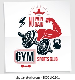 Heavy load power lifting championship advertising poster. Vector composition of muscular athlete arm with disc weight dumbbell and kettle bell sport equipment. No pain, no gain lettering.